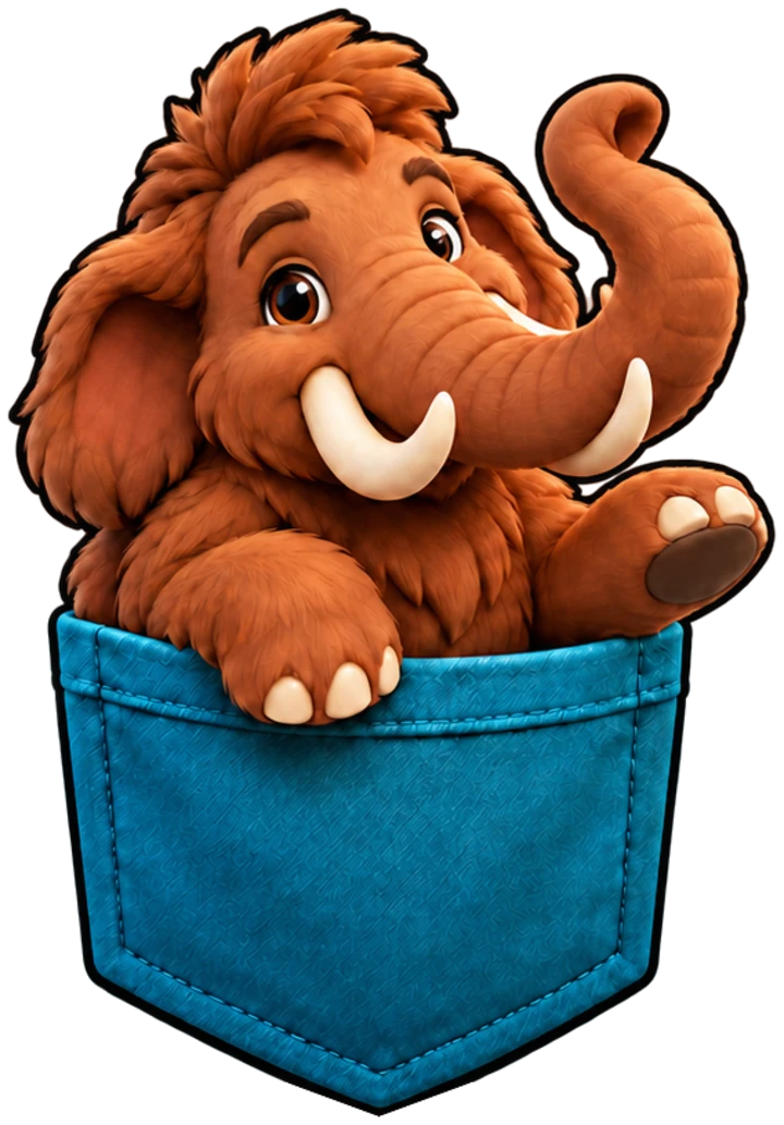 A woolly mammoth peeking out of a jeans pocket